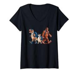 Damen Vintage Dinosaurier Bigfoot und Katze Lustig Zurück zur Schule T-Shirt mit V-Ausschnitt von Funny Back To School