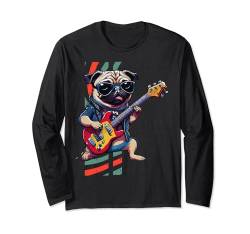 Anime Cartoon Mops spielt E-Gitarre Musiker Gitarristen Langarmshirt von Funny Band Animal Rock Clothing Co.