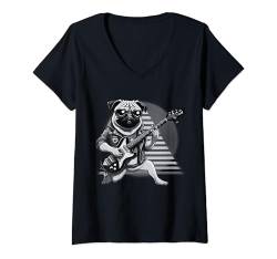 Damen Anime Cartoon Mops spielt E-Gitarre Musiker Gitarristen T-Shirt mit V-Ausschnitt von Funny Band Animal Rock Clothing Co.