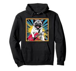 Retro Vintage Pop Art Mops spielt E-Gitarre 80er 90er Jahre Kunst Pullover Hoodie von Funny Band Animal Rock Clothing Co.