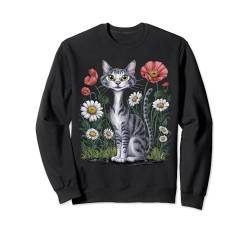 Lustiges Katzenhemd mit langem Hals, Blumenmuster, Gänseblümchen, Mohnblume, Katzenhemd Sweatshirt von Funny Cat Daisy Poppy Flower Cat Shirt