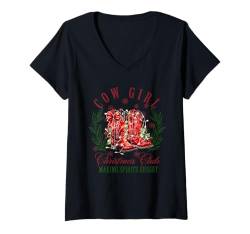 Damen Lustiges Kuhmädchen Weihnachten Shirt Xmas Country Boots Bright T-Shirt mit V-Ausschnitt von Funny Cow Girl Christmas Tee Shirts Xmas Party