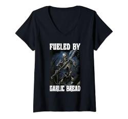 Damen Fueled By Garlic Bread Cringe Skeleton T-Shirt mit V-Ausschnitt von Funny Cringe Skeleton Meme Hard Edgy Skeleton