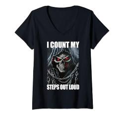 Damen I Count My Steps Out Loud Cringe Skeleton T-Shirt mit V-Ausschnitt von Funny Cringe Skeleton Meme Hard Edgy Skeleton