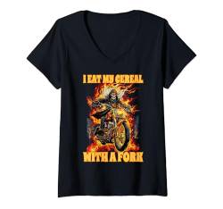 Damen I Eat My Cereal With A Fork Cringe Skeleton T-Shirt mit V-Ausschnitt von Funny Cringe Skeleton Meme Hard Edgy Skeleton