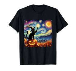 Halloween Witch Hat Starry Night Cat Van Gogh Cat Pumpkins T-Shirt von Funny Cute Cat Motifs Cat Starry Night By GnineZa