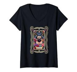 Damen Bunte Tarotkarte für Hundeliebhaber, Mops-Grafik T-Shirt mit V-Ausschnitt von Funny Dog Lover Apparel For Men & Women