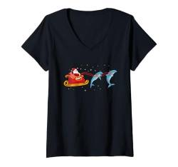 Damen Weihnachtsmann Schlitten Delfine Weihnachten Urlaub Spaß T-Shirt mit V-Ausschnitt von Funny Dolphins Dolphin Lover Apparel & Gifts