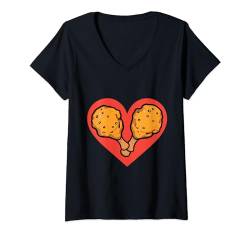Damen Ich liebe Brathähnchen Lustiges Herz-Fastfood mit gebratenen Hühnern T-Shirt mit V-Ausschnitt von Funny Fried Chicken Fast Food Lover
