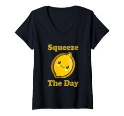 Damen Squeeze The Day Süßes entzückendes Kawaii-Zitronen-Essen-Wortspiel T-Shirt mit V-Ausschnitt von Funny Fruit and Vegetable Kawaii Food Puns