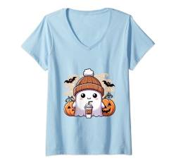 Damen Süßes Geisterhemd Herbst Kürbis T-Shirt Kaffeeliebhaber Damen Herren T-Shirt mit V-Ausschnitt von Funny Ghost Pumpkin Halloween Shirt Women Men Kids