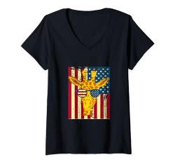 Damen Giraffe Amerikanische Flagge Giraffen Zoo Tierliebhaber USA T-Shirt mit V-Ausschnitt von Funny Giraffe Gifts & Shirts For Giraffe Lover