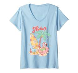 Damen Aloha Hawaii Flamingo Beach Sommerurlaubstimmung T-Shirt mit V-Ausschnitt von Funny Graphic Tees For Women and Men