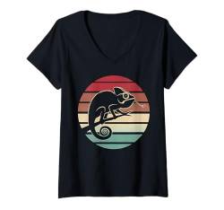 Damen Chamäleon Retro Sonnenuntergang Silhouette Eidechse Reptilien Besitzer Geschenk T-Shirt mit V-Ausschnitt von Funny Graphic Tees For Women and Men