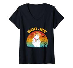 Damen Boo Jee Geist mit Cowboyhut Halloween Geist Gruselkostüm T-Shirt mit V-Ausschnitt von Funny Halloween Boo Ghost Costume Boojee Ghost tee