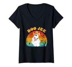 Damen Halloween Geisterkostüm Groovy Boo Jee Ghost mit Cowboyhut T-Shirt mit V-Ausschnitt von Funny Halloween Boo Ghost Costume Boojee Ghost tee