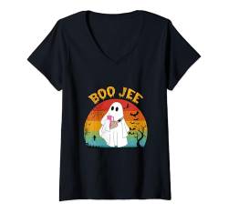 Damen Lustiges Halloween Boo Geist Kostüm Gruseliger Boo Jee Geist Retro T-Shirt mit V-Ausschnitt von Funny Halloween Boo Ghost Costume Boojee Ghost tee