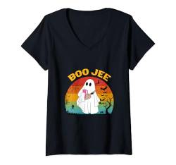 Damen Lustiges Halloween Boo Ghost Kostüm Boojee Retro Boo Jee Ghost T-Shirt mit V-Ausschnitt von Funny Halloween Boo Ghost Costume Boojee Ghost tee