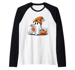 Ghost trinkt Kaffee Halloween Ghost Ice Coffee Damen Herren Raglan von Funny Halloween Ghost Gamer Pumpkin Apparel Co.