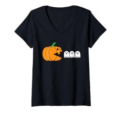 Damen Halloween Kürbis Essen Geister Retro Gaming Gruseliger Gamer Spaß T-Shirt mit V-Ausschnitt von Funny Halloween Gym Workout Casual Gothic Gift Tee