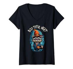 Damen Boo-Tiful Night Süßer Waschbär Hexe Faule Halloween Kostüm T-Shirt mit V-Ausschnitt von Funny Halloween - Tee