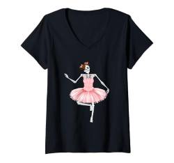 Damen Lustiges Ballett-Skelett-Kostüm zum Selbermachen für einfaches Halloween-Kostüm T-Shirt mit V-Ausschnitt von Funny Matching Family Costume For Halloween 2024