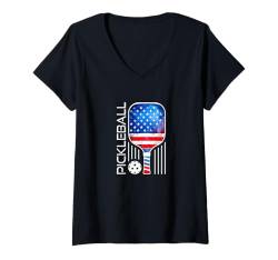 Damen Lustiges Pickleball-Spieler-Paddel mit patriotischer USA-Flagge T-Shirt mit V-Ausschnitt von Funny Pickleball Shirts for Women Men Kids Parents