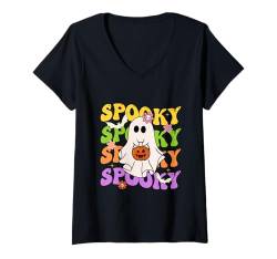 Damen Lustiges Retro-Halloween-Kostüm, gruselige Vibes für Kinder T-Shirt mit V-Ausschnitt von Funny Retro Groovy Ghost Halloween 2024 Costumes