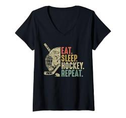 Damen Eat Sleep Hockey im Vintage-Look, für Kinder und Erwachsene, zu Weihnachten T-Shirt mit V-Ausschnitt von Funny Sports Fans Shirts and Gifts