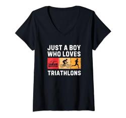 Damen Retro Triathlon Kunst für Jungen Kinder Triathlet Sport Triathlon T-Shirt mit V-Ausschnitt von Funny Triathlon Gift Triathlete Sport