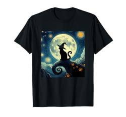 Vintage Scary halloween black cat Van gogh Starry Night Moon T-Shirt von Funny Vintage Scary halloween black cat By GnineZa