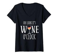 Damen Oh Look It's Wine O'Clock Lustiges Weinglas Trinkzeit T-Shirt mit V-Ausschnitt von Funny Wine Drinkers Glass of Wine Humor Apparel