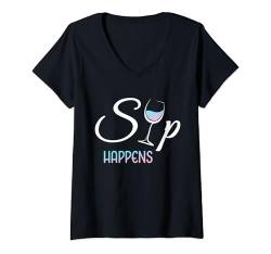 Damen Sip Happens Lustiges Weinglas für Weinliebhaber T-Shirt mit V-Ausschnitt von Funny Wine Drinkers Glass of Wine Humor Apparel