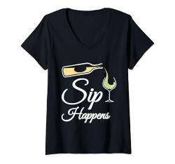 Damen Sip Happens Lustiges Weinglas für Weinliebhaber T-Shirt mit V-Ausschnitt von Funny Wine Drinkers Glass of Wine Humor Apparel