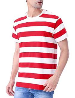 Funny World Herren Baumwolle Streifen T-Shirt Rundhals Kurzarm Basic Casual Top, Rot und Weiß gestreift, 3X-Groß von Funny World