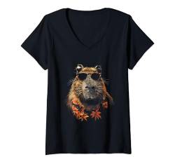 Damen Capybara Sonnenbrille Tropische Blumen T-Shirt mit V-Ausschnitt von Funny animal Summer Cute rodent Tropical