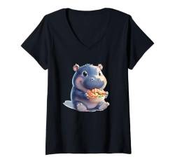 Damen Niedliches liebenswertes Moo Deng Baby Fett Nilpferd isst thailändisches Essen T-Shirt mit V-Ausschnitt von Funny cute Thailand Moo Deng hippo 11