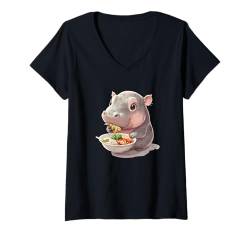 Damen Niedliches liebenswertes Moo Deng Baby Fett Nilpferd isst thailändisches Essen T-Shirt mit V-Ausschnitt von Funny cute Thailand Moo Deng hippo 12