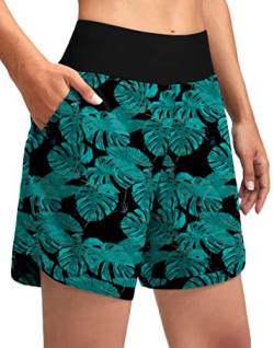 G Gradual Damen Badeshorts, schnelltrocknend, 17,8 cm, Badehose, hohe Taille, Strandshorts für Damen, mit Innentaschen, Laub, XL von G Gradual