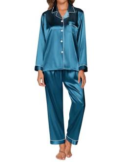 GAESHOW Damen Pyjama Set, 2 Teilig Satin Langarm Schlafanzug, Seide Sleepwear Set für Wohnzimmer Home, Knopfleiste Loungewear für alle Jahreszeiten, S-XL von GAESHOW