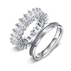 GALANI 2 Stücke Edelstahl Band Ringe Set 4MM 5MM Silber Damenring Ringe mit Diamant und Meteorit Aufkleber für Hochzeit Verlobung Jubiläum Versprechen Vorschlag Partnerring Größe 62(19.7) von GALANI