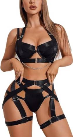 GANMFOYC Dessous Damen Sexy Unterwäsche Curvy Sexy Body Shaping Webbing Dessous Push Up BH Und Slip Verstellbar Riemen Lingerie Set Mit Strapsen Beinbänder Neckholder von GANMFOYC