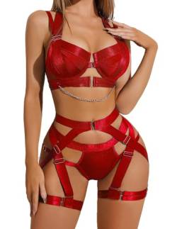 GANMFOYC Dessous Damen Sexy Unterwäsche Curvy Sexy Body Shaping Webbing Dessous Push Up BH Und Slip Verstellbar Riemen Lingerie Set Mit Strapsen Beinbänder Neckholder von GANMFOYC