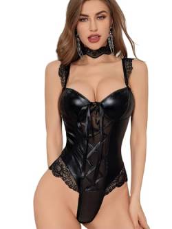 GANMFOYC Lackleder Sexy Damen Dessous Set, Sexy Babydoll Dessous, Body mit Spitzenträgern von GANMFOYC