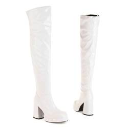 GBBRZKTB High Heels Damen Overknee Stiefel Blockabsatz Quadratischer Zehenpartie Plateau Stiefel Overknee Absatz Party Pumps 9cm,White-36 von GBBRZKTB