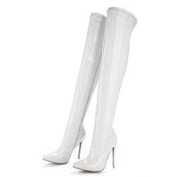 GBBRZKTB High Heels Damen Overknee Stiefel Spitzer Spitze Stiletto Reißverschluss Stretch Oberschenkelhohe Stiefel Nachtclub Party Schuhe 12cm,White-37 von GBBRZKTB