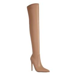 GBBRZKTB High Heels Damen Overknee Stiefel Stiletto Absatz Spitzer Spitze Overknee Stiefel Elegante Party Tanzschuhe 12cm,Apricot-34 von GBBRZKTB