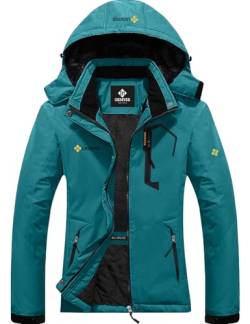 GEMYSE Damen Wasserdichte Berg-Skijacke Winddichte Skijacke Fleece Outdoor-Winterjacke mit Kapuze (Acid Blau,XL) von GEMYSE