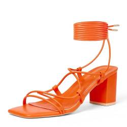 GENSHUO Damen Riemchen-Sandalen mit kräftigen Absätzen, quadratischer offener Zehenpartie, Schnürung mit 6 cm hohem Absatz, Knöchelriemen und Blockabsätzen, Orange, EU 37 von GENSHUO