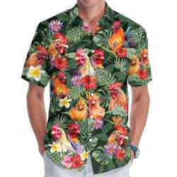 Bauernhof Tier Knopf Hemd für Männer, Tier Herren Hawaiihemd Sommer Unisex Hemd Geburtstagsgeschenke für Männer, Grünes tropisches Huhn, M von GEPOS